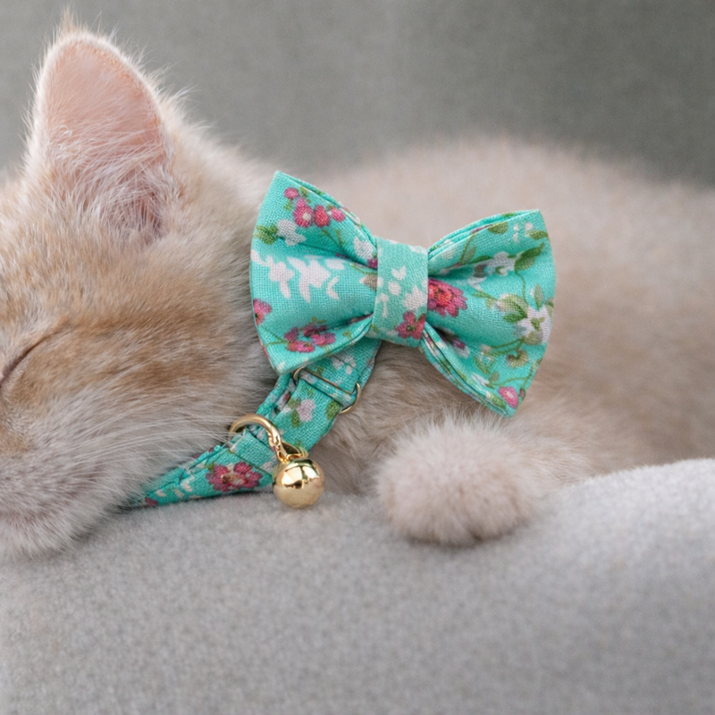 Anypet Stylish Floral Green Bow Cat Collar – Small Size with Safety Buckle, Bell & Durable Strap