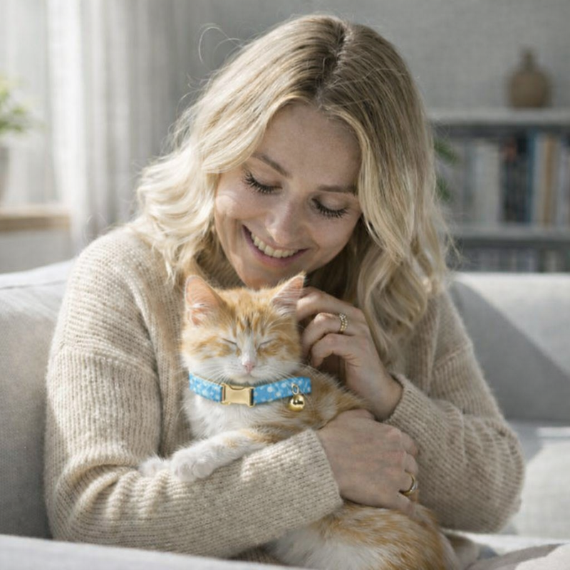 Anypet Stylish Dotted Light Blue Cat Collar – Large Size with Safety Buckle, Bell & Durable Strap