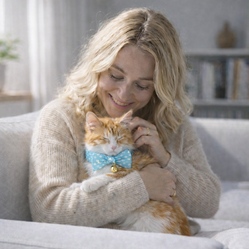 Anypet Stylish Dotted Light Blue Bow Cat Collar – Large Size with Safety Buckle, Bell & Durable Strap