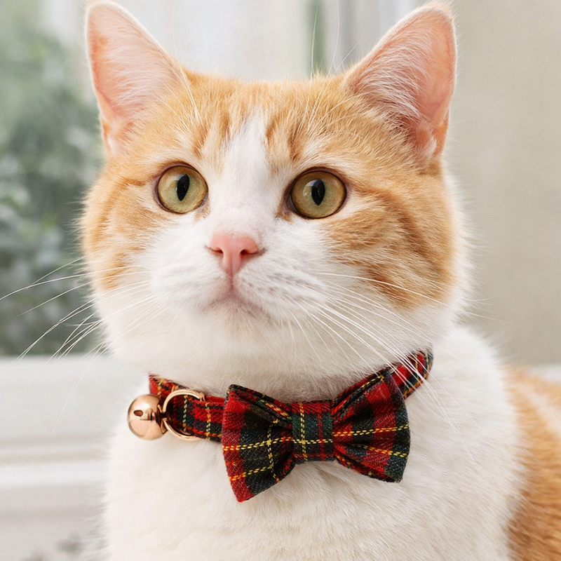 Anypet Stylish Checked Red Bow Cat Collar – Large Size with Safety Buckle, Bell & Durable Strap