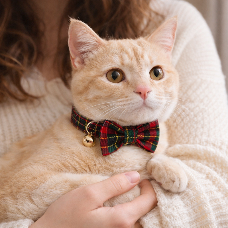 Anypet Stylish Checked Red Bow Cat Collar – Large Size with Safety Buckle, Bell & Durable Strap