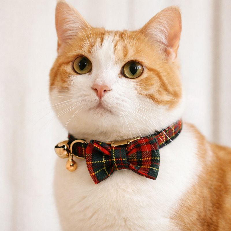 Anypet Stylish Checked Black Bow Cat Collar – Large Size with Safety Buckle, Bell & Durable Strap