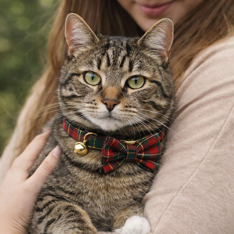 Anypet Stylish Checked Black Bow Cat Collar – Large Size with Safety Buckle, Bell & Durable Strap