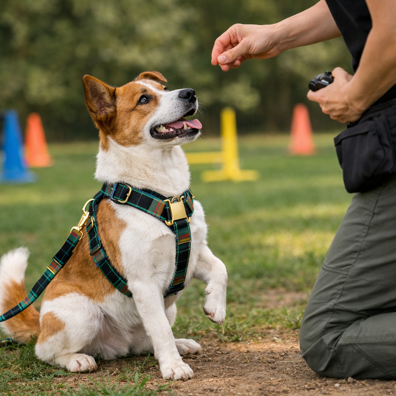 Anypet Heavy Duty Dog Leash – Dark Green Plaid Spiral Metal Harness Lead for Training & Walking