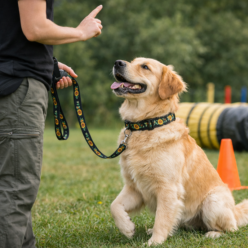 Anypet Dog Collar and Leash Set – Black Sunflower Harness Lead for Training & Walking