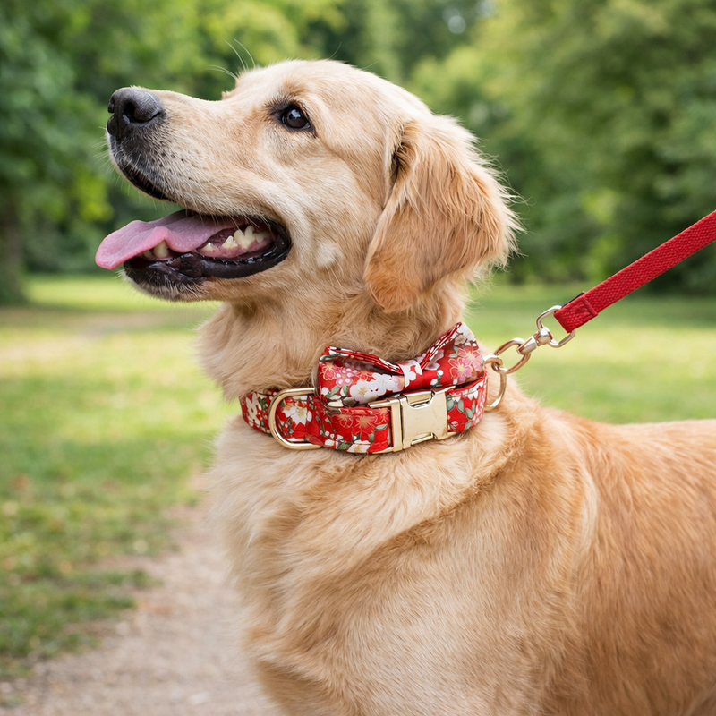 Anypet Red Floral Dog Bow Collar - Stylish Comfortable Dog Accessory with Safety Buckle Durable Strap