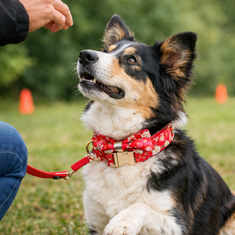 Anypet Red Floral Dog Bow Collar - Stylish Comfortable Dog Accessory with Safety Buckle Durable Strap
