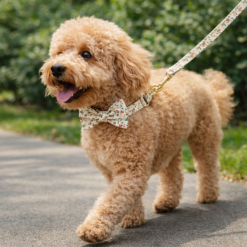 ANYWAGS White Floral Bow Dog Collar and Leash Set Harness Lead for Training & Walking