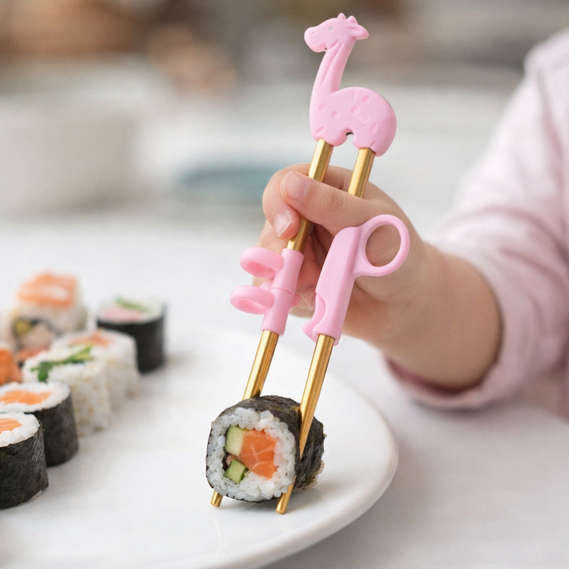 Anygleam Pink Gold Giraffe Chopsticks – 1 Pair | Reusable Stainless Steel Cartoon Kids Utensils