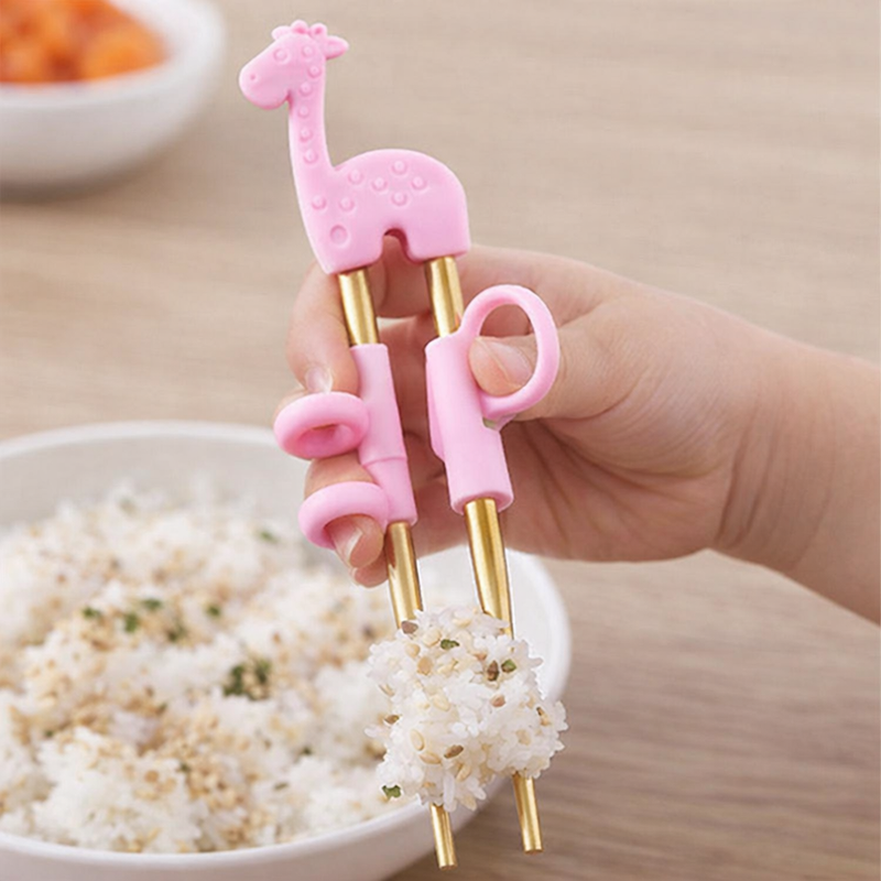 Anygleam Pink Gold Giraffe Chopsticks – 1 Pair | Reusable Stainless Steel Cartoon Kids Utensils