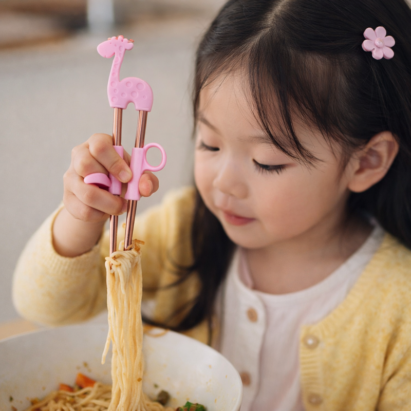 Anygleam Rainbow Red Giraffe Chopsticks – 1 Pair | Reusable Stainless Steel Cartoon Kids Utensils