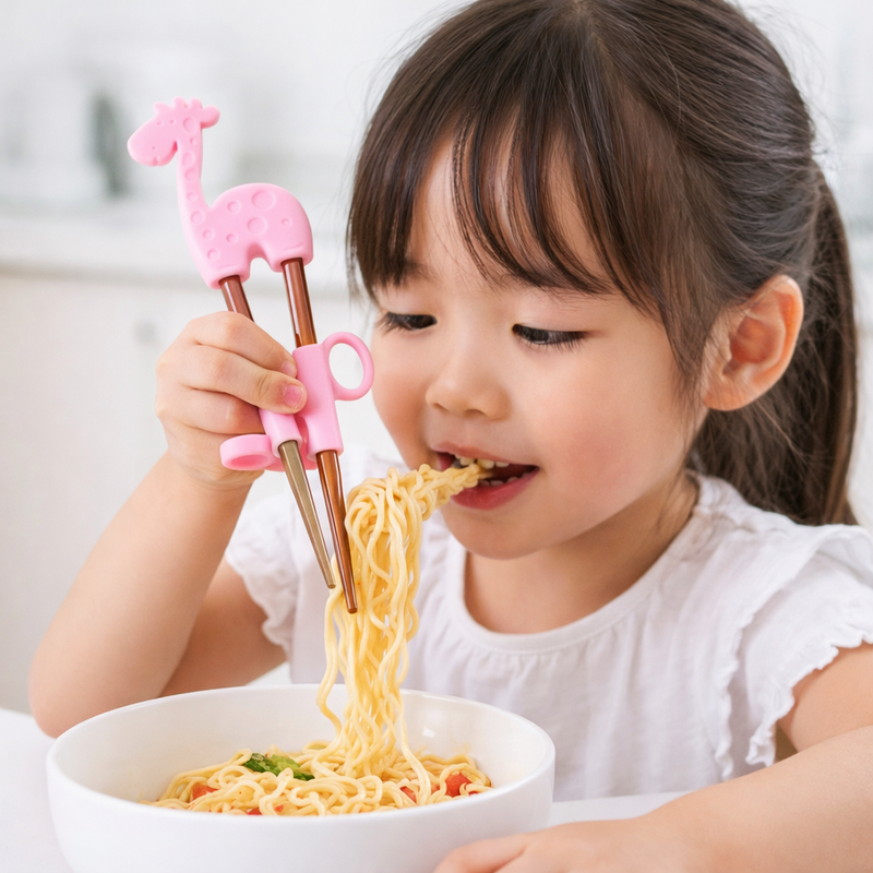 Anygleam Rainbow Red Giraffe Chopsticks – 1 Pair | Reusable Stainless Steel Cartoon Kids Utensils