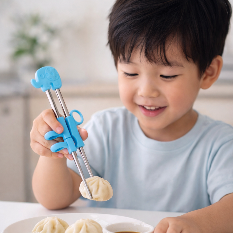 Anygleam Blue Silver Elephant Chopsticks – 1 Pair | Reusable Stainless Steel Cartoon Kids Utensils