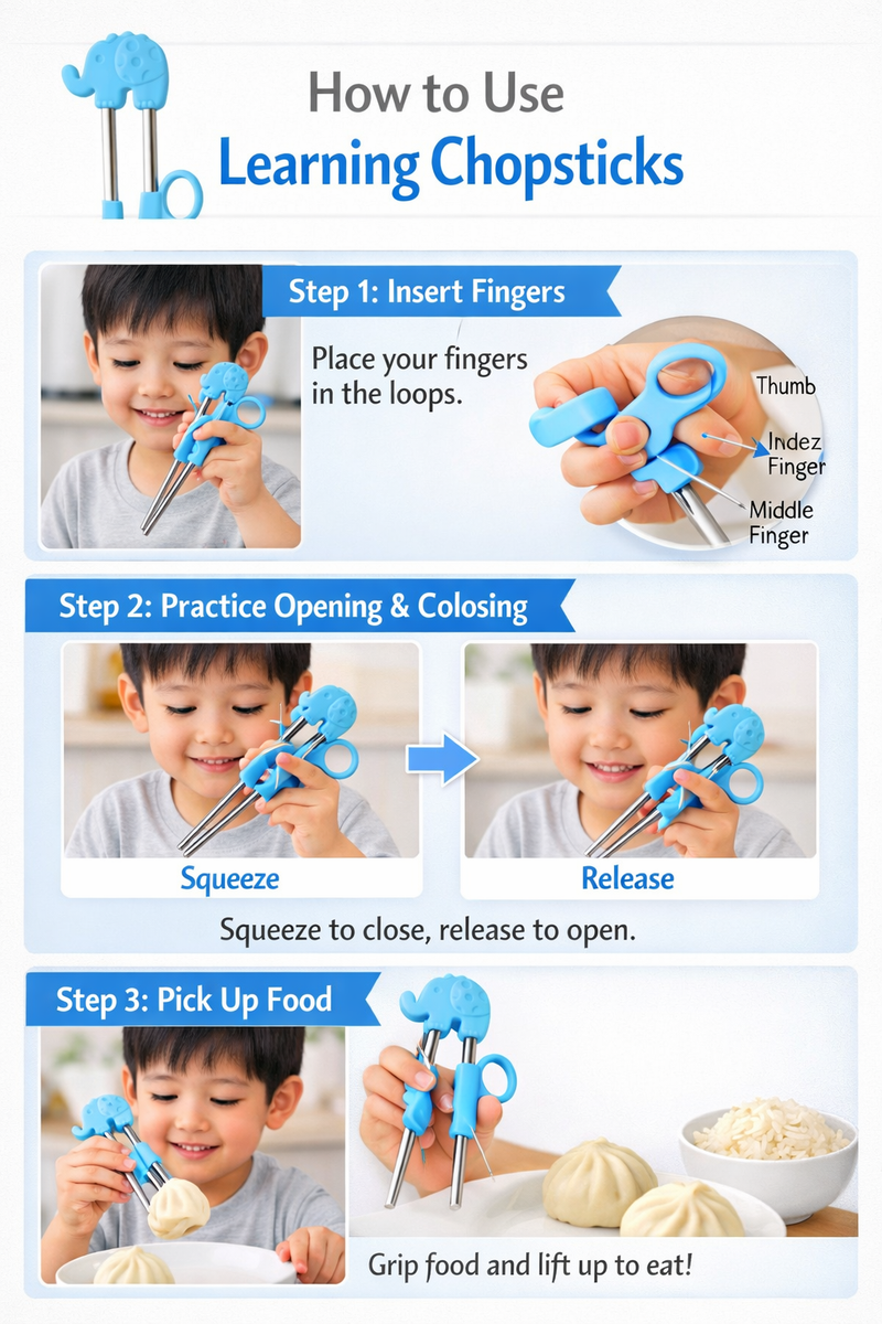 Anygleam Blue Silver Elephant Chopsticks – 1 Pair | Reusable Stainless Steel Cartoon Kids Utensils