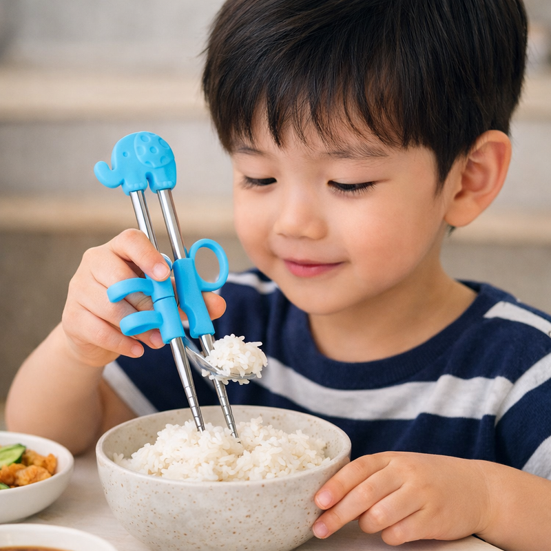 Anygleam Blue Silver Elephant Chopsticks – 1 Pair | Reusable Stainless Steel Cartoon Kids Utensils