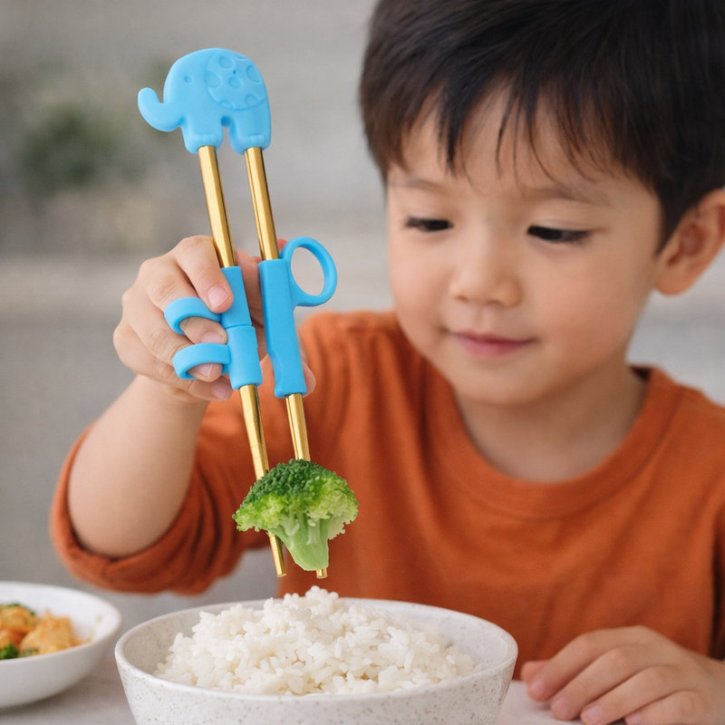 Anygleam Blue Gold Elephant Chopsticks – 1 Pair | Reusable Stainless Steel Cartoon Kids Utensils