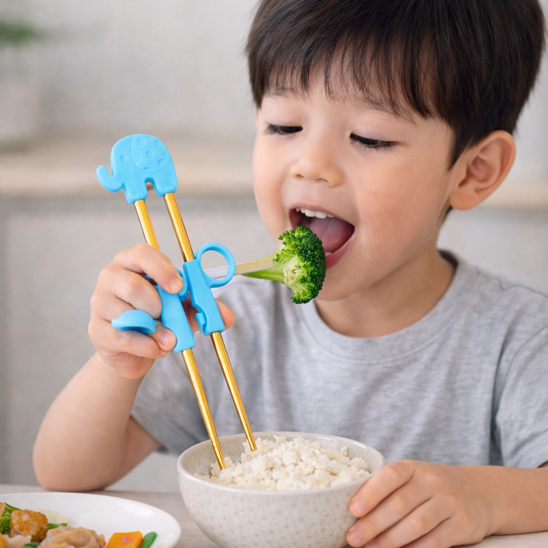 Anygleam Blue Gold Elephant Chopsticks – 1 Pair | Reusable Stainless Steel Cartoon Kids Utensils