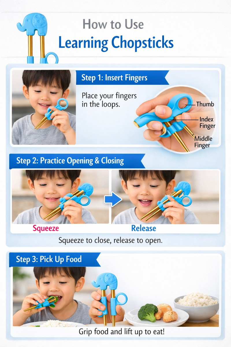 Anygleam Blue Gold Elephant Chopsticks – 1 Pair | Reusable Stainless Steel Cartoon Kids Utensils