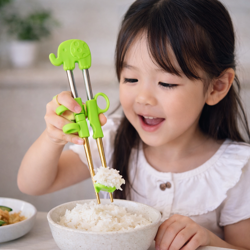 Anygleam Green Silver Elephant Chopsticks – 1 Pair | Reusable Stainless Steel Cartoon Kids Utensils