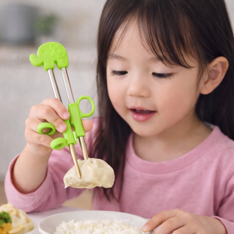 Anygleam Green Silver Elephant Chopsticks – 1 Pair | Reusable Stainless Steel Cartoon Kids Utensils