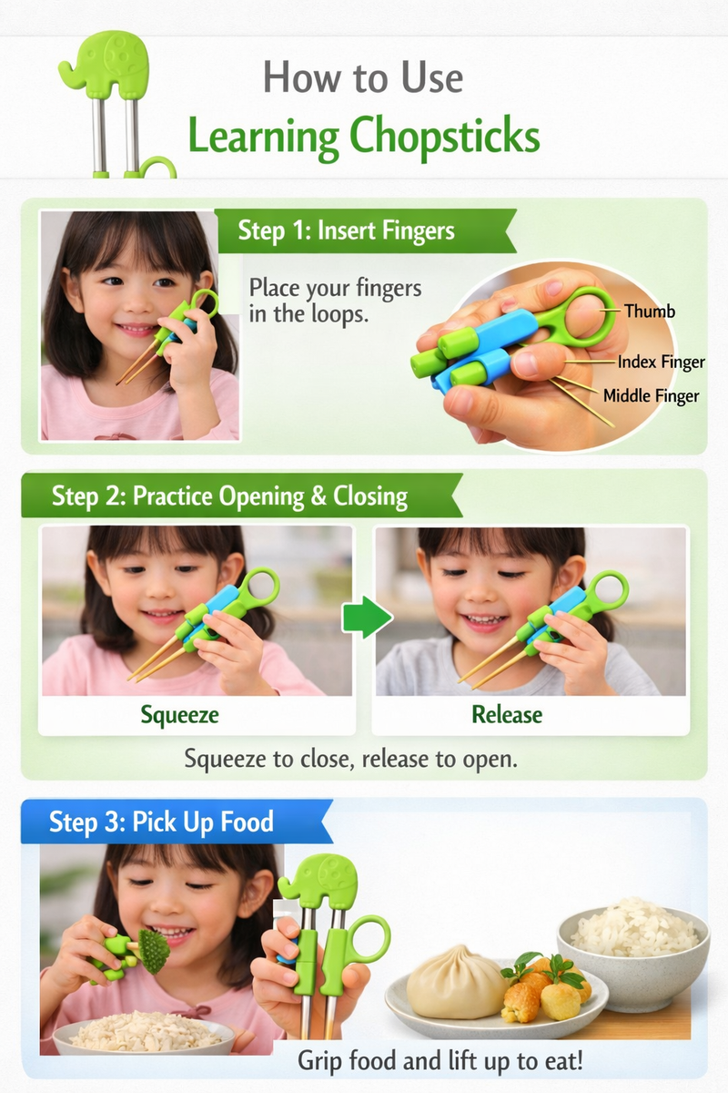 Anygleam Green Silver Elephant Chopsticks – 1 Pair | Reusable Stainless Steel Cartoon Kids Utensils