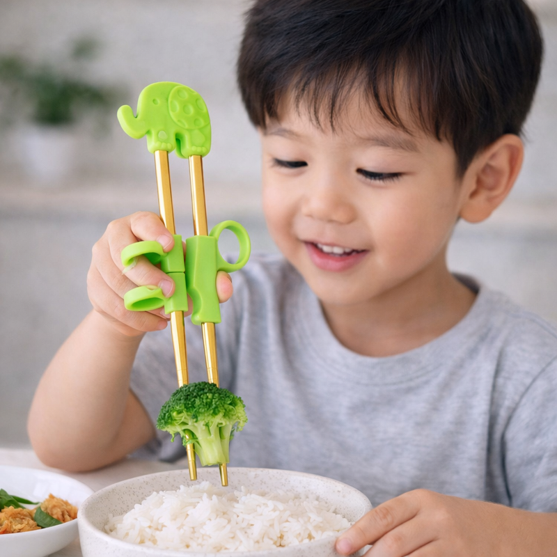 Anygleam Green Gold Elephant Chopsticks – 1 Pair | Reusable Stainless Steel Cartoon Kids Utensils