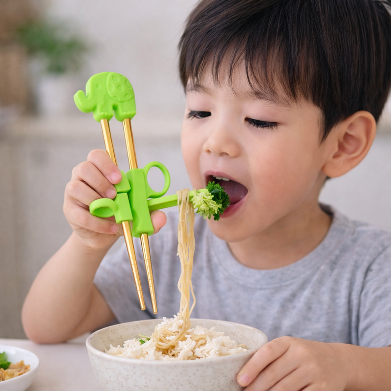Anygleam Green Gold Elephant Chopsticks – 1 Pair | Reusable Stainless Steel Cartoon Kids Utensils