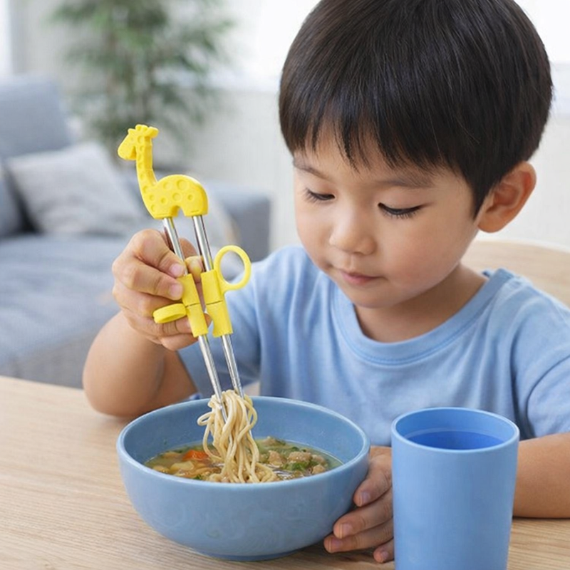 Anygleam Yellow Silver Giraffe Chopsticks – 1 Pair | Reusable Stainless Steel Cartoon Kids Utensils