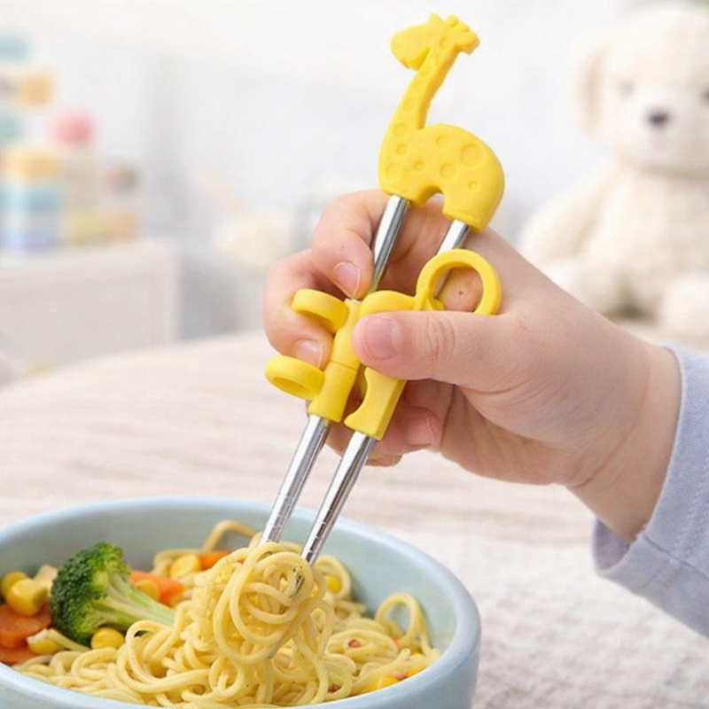 Anygleam Yellow Silver Giraffe Chopsticks – 1 Pair | Reusable Stainless Steel Cartoon Kids Utensils