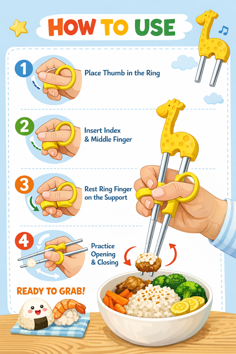 Anygleam Yellow Silver Giraffe Chopsticks – 1 Pair | Reusable Stainless Steel Cartoon Kids Utensils