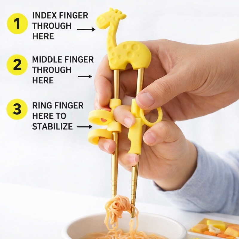 Anygleam Yellow Gold Giraffe Chopsticks – 1 Pair | Reusable Stainless Steel Cartoon Kids Utensils