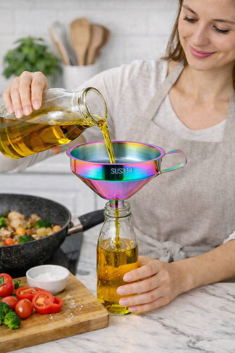 Anygleam Stainless Steel Funnel with Detachable Strainer –1 Pc Pink Rainbow Wide Cone Mouth for Small Jars, Silver Kitchen Utensil