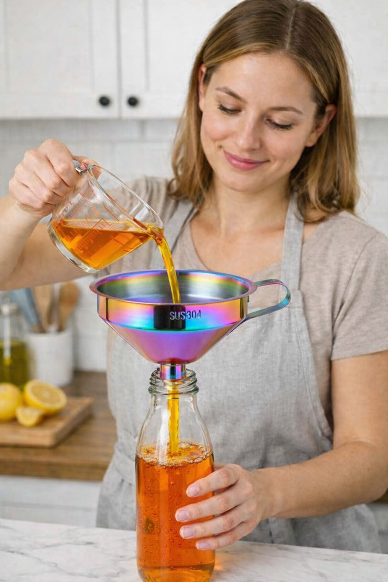Anygleam Stainless Steel Funnel with Detachable Strainer –1 Pc Pink Rainbow Wide Cone Mouth for Small Jars, Silver Kitchen Utensil