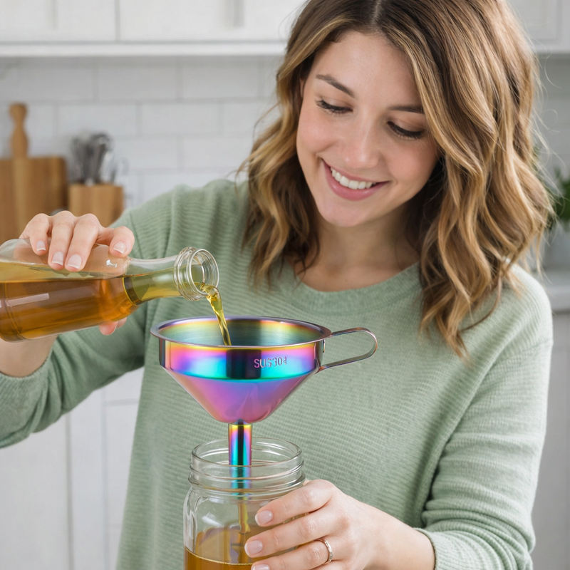 Anygleam Stainless Steel Funnel with Detachable Strainer –1 Pc Pink Rainbow Wide Cone Mouth for Small Jars, Silver Kitchen Utensil