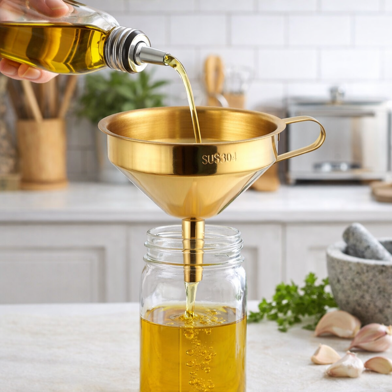 Anygleam Stainless Steel Funnel with Detachable Strainer –1 Pc Gold Wide Cone Mouth for Small Jars, Silver Kitchen Utensil