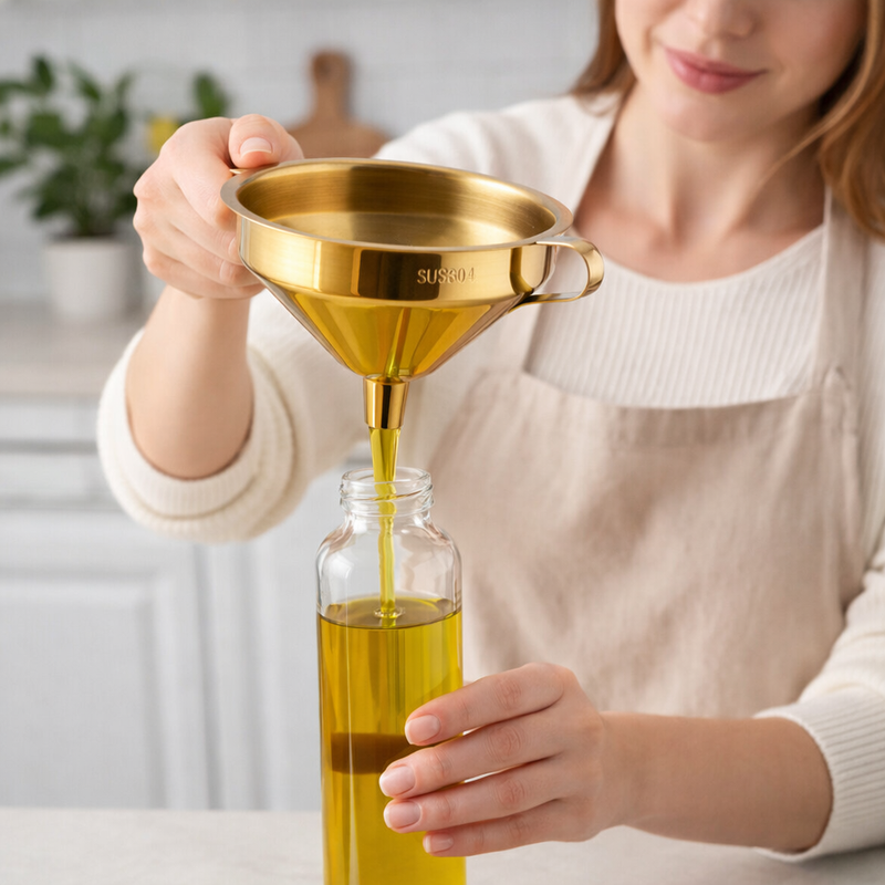 Anygleam Stainless Steel Funnel Set (2Pcs Gold) – Wide Cone Mouth with Detachable Strainer, Kitchen Utensil for Small Jars & Canning