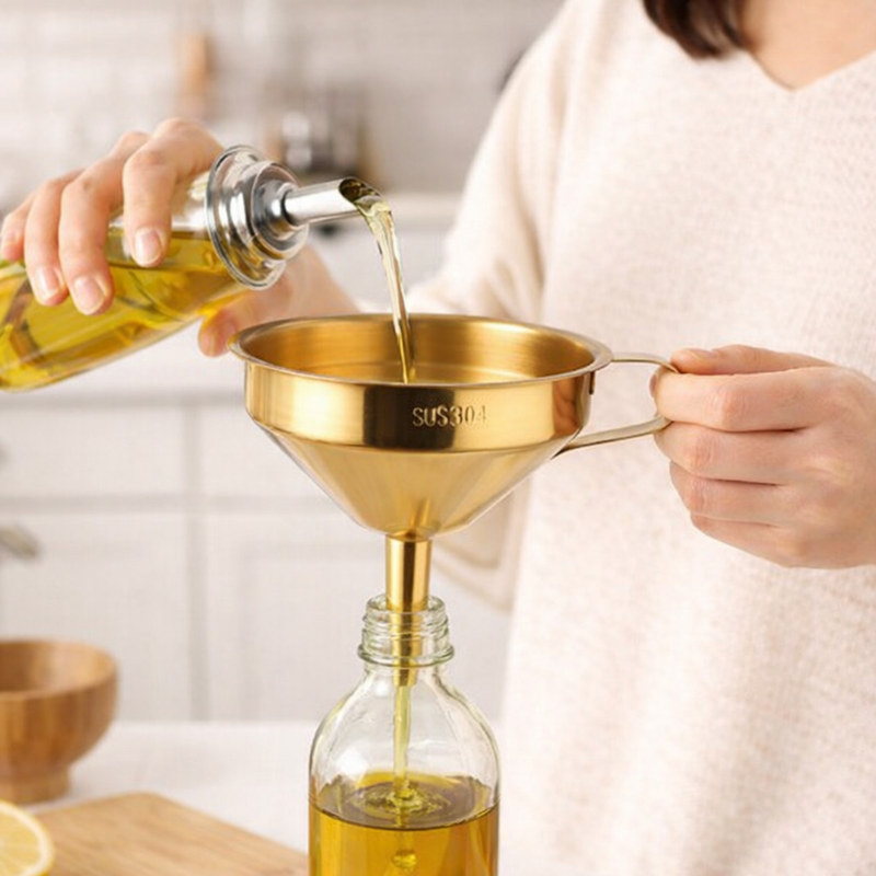 Anygleam Stainless Steel Funnel with Detachable Strainer –1 Pc Gold Wide Cone Mouth for Small Jars, Silver Kitchen Utensil