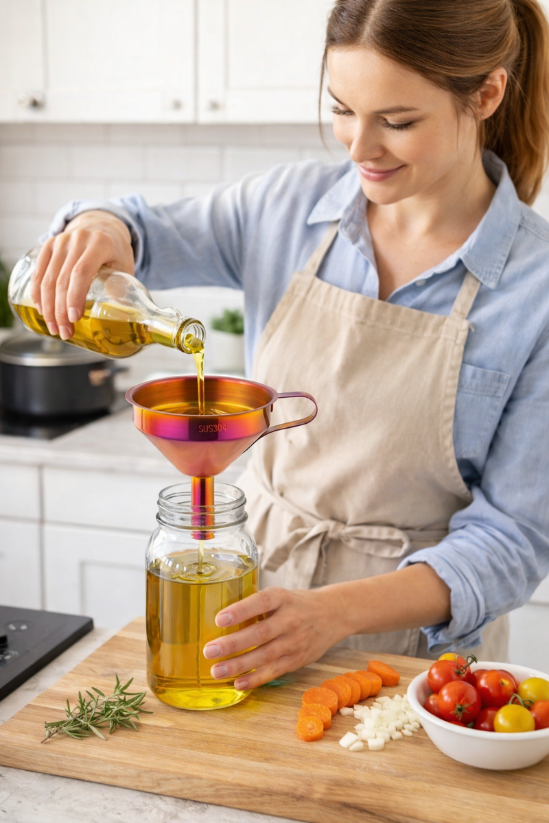Anygleam Stainless Steel Funnel with Detachable Strainer –1 Pc Red Rainbow Wide Cone Mouth for Small Jars, Silver Kitchen Utensil