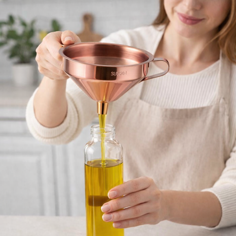 Anygleam Stainless Steel Funnel with Detachable Strainer –1 Pc Rose Gold Wide Cone Mouth for Small Jars, Silver Kitchen Utensil