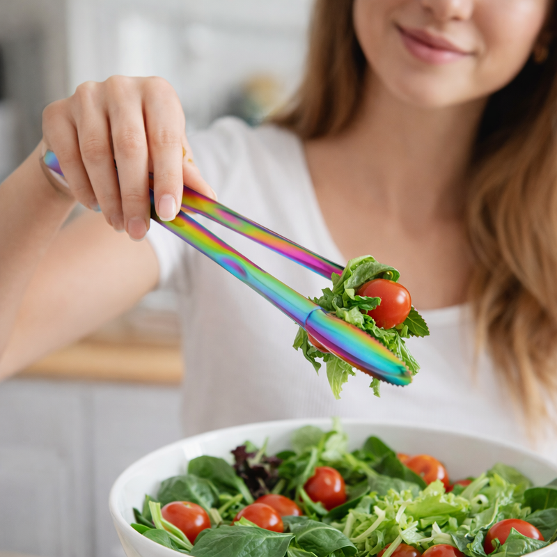 Anygleam Pink Rainbow Stainless Steel Tong – 2pcs Clip Tableware for Salad, BBQ & Grill Party Accessory