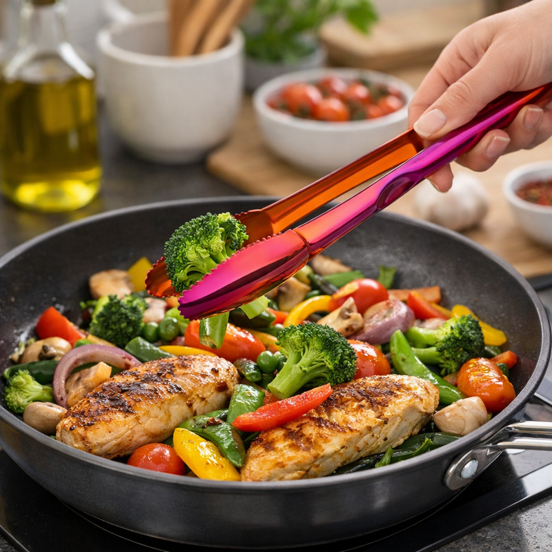 Anygleam Red Rainbow Stainless Steel Tong – 2pcs Clip Tableware for Salad, BBQ & Grill Party Accessory
