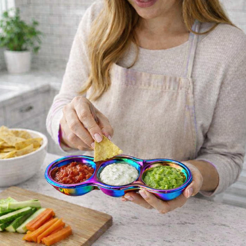 Anygleam Pink Rainbow Stainless Steel 3-Grid Sauce Dish – Seasoning & Dipping Plates for Kitchenware