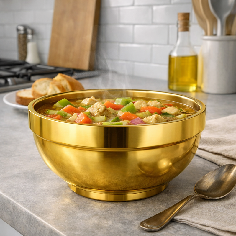 Anygleam Gold Rice Bowls – 2Pcs Big Stainless Steel, Single-Layer Anti-Scalding Cooking Utensils
