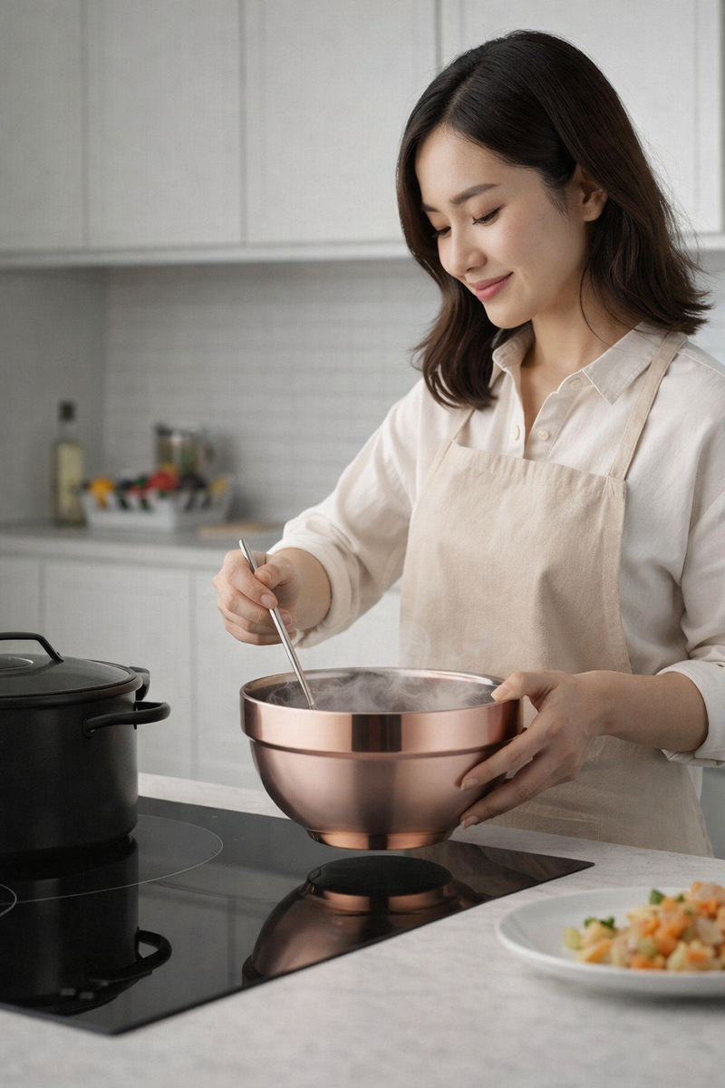 Anygleam Rose Gold Rice Bowls – 2Pcs Big Stainless Steel, Single-Layer Anti-Scalding Cooking Utensils