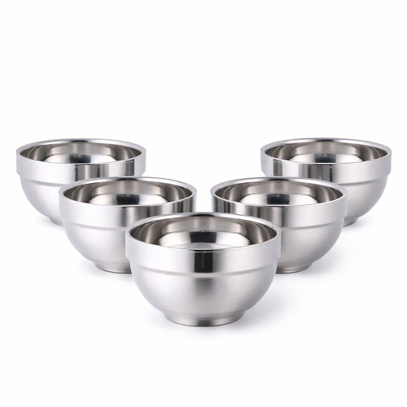Anygleam Silver Rice Bowls – 5Pcs Small Stainless Steel, Single-Layer Anti-Scalding Cooking Utensils