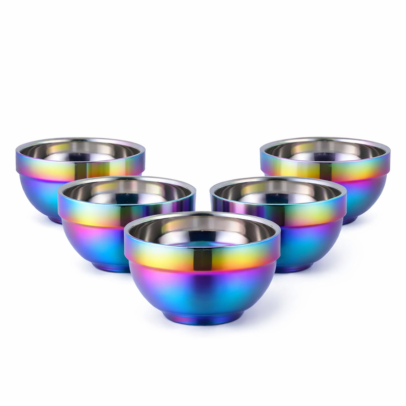 Anygleam Pink Rainbow Rice Bowls – 5Pcs Small Stainless Steel, Single-Layer Anti-Scalding Cooking Utensils