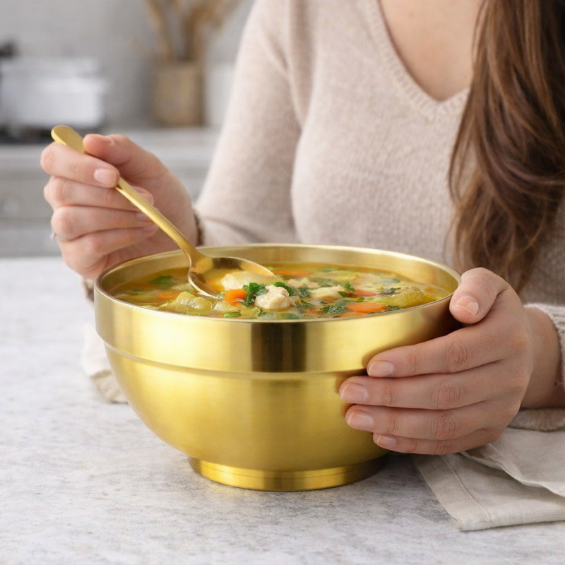Anygleam Gold Rice Bowls – 5Pcs Big Stainless Steel, Single-Layer Anti-Scalding Cooking Utensils
