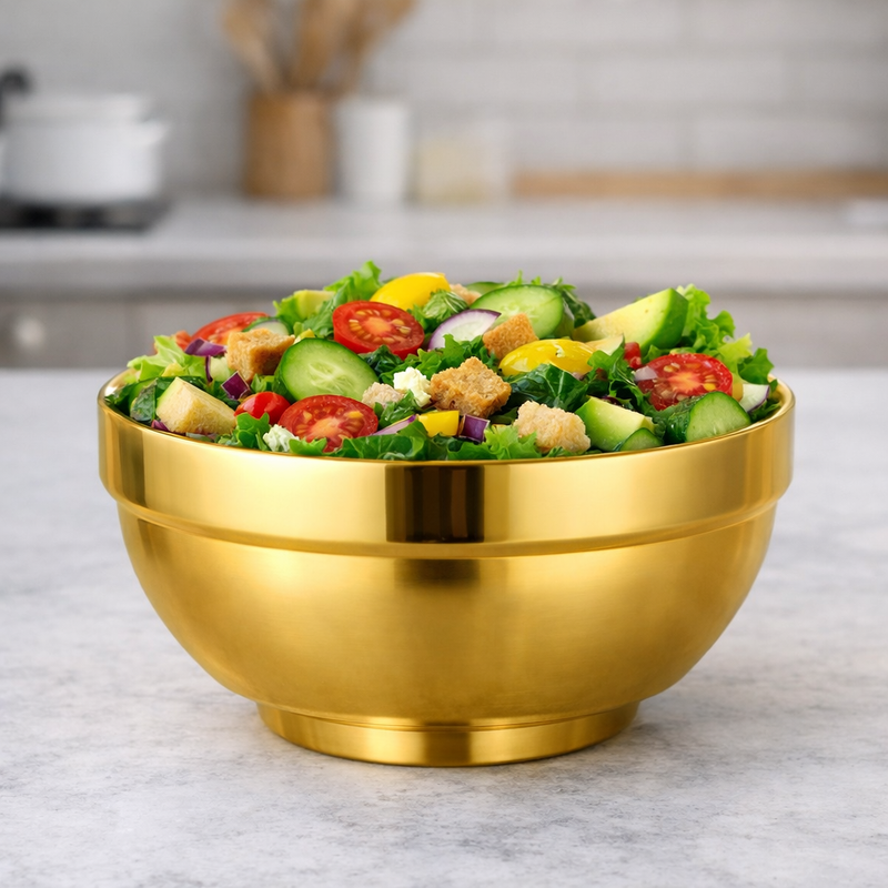 Anygleam Gold Rice Bowls – 5Pcs Big Stainless Steel, Single-Layer Anti-Scalding Cooking Utensils