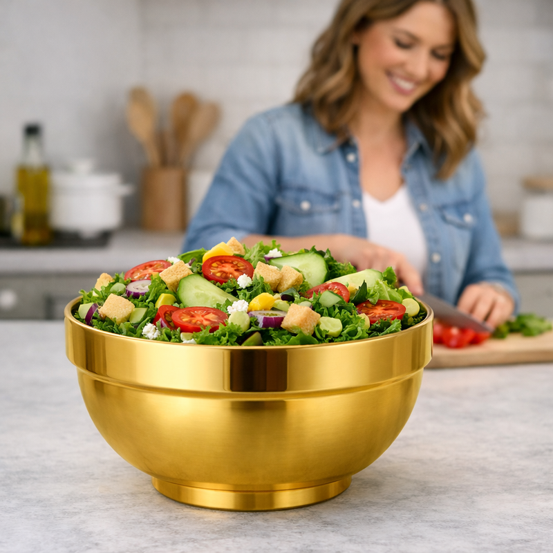 Anygleam Gold Rice Bowls – 5Pcs Big Stainless Steel, Single-Layer Anti-Scalding Cooking Utensils