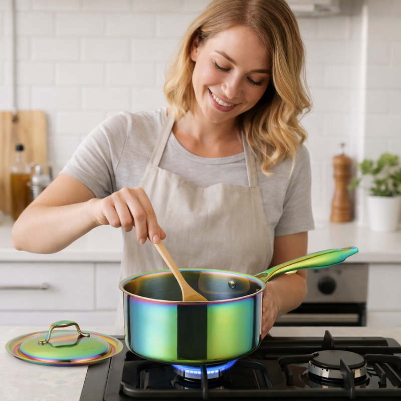 Anygleam Rainbow 304 Stainless Steel Saucepan – Small Milk & Soup Pot with Lid, Long Handle, Thickened Base, Induction Compatible Dormitory Cookware